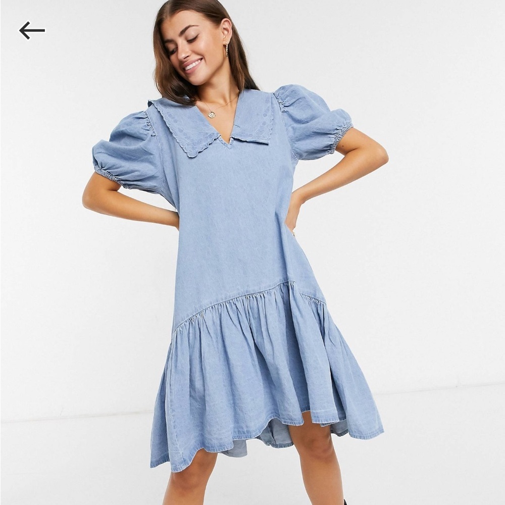 NEON ROSE mini smock dress with bib collar in denim size XS